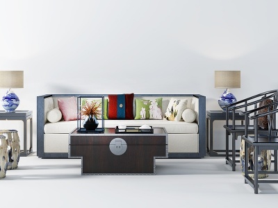 3d新中式双人沙发茶几模型