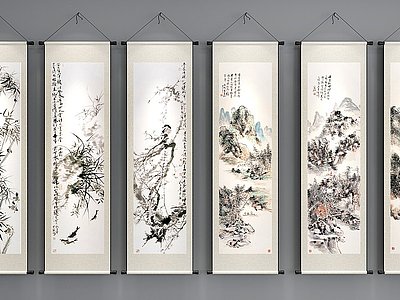 3d中式梅兰竹菊卷轴挂画模型