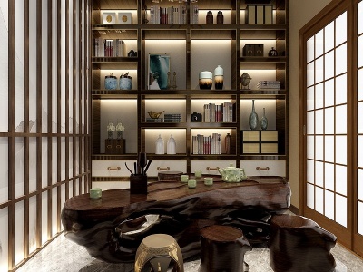 新中式茶室装饰柜茶桌模型3d模型