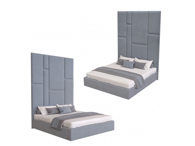 3d北欧床头墙饰一体双人床模型