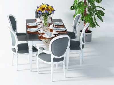3d简欧欧式餐桌挂画绿植组合模型