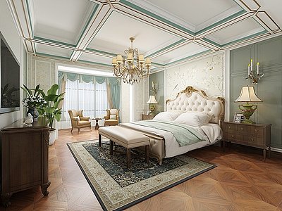 3d美式法式古典雕花主卧室模型