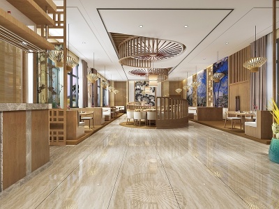 3d新中式酒店餐厅模型