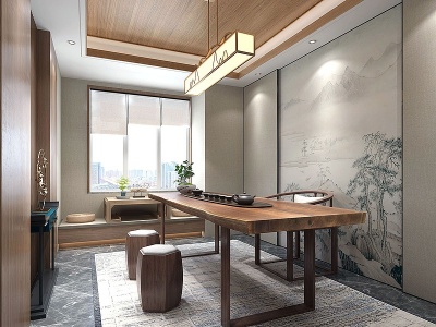 3d原木实木大板茶桌吊灯模型