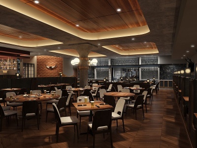 3d现代中式复古餐厅模型