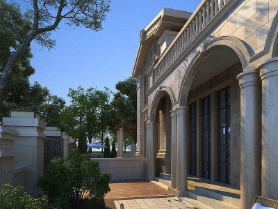 3d欧式古典独栋别墅庭院模型