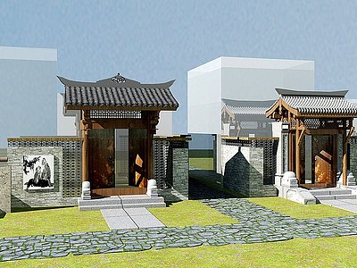 新中式景观庭院售楼处别墅模型3d模型