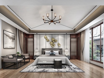 新中式别墅新中式主卧室模型3d模型