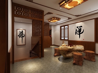 3d中式门厅茶室休闲区模型
