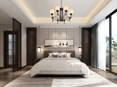 3d新中式卧室床吊灯挂画模型