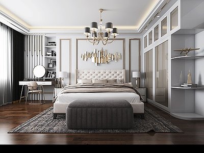 3d现代轻奢卧室双人床背景墙模型