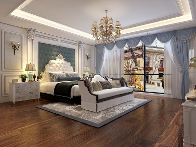 欧式卧室双人床吊灯窗帘模型3d模型
