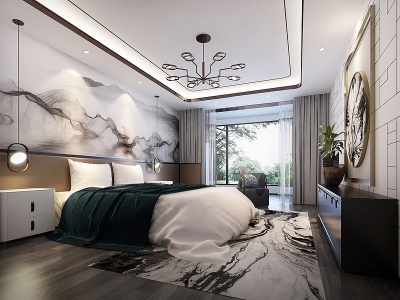 3d新中式卧室双人床模型