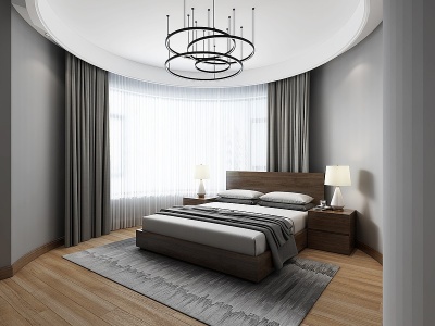 3d现代卧室床吊灯窗帘模型