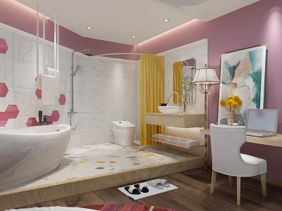 3d粉色主题宾馆圆床浴缸模型