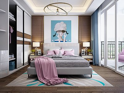 3d现代卧室床窗帘衣柜模型