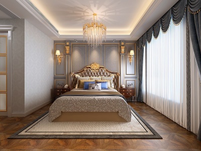 简欧古典欧式床窗帘背景墙模型3d模型