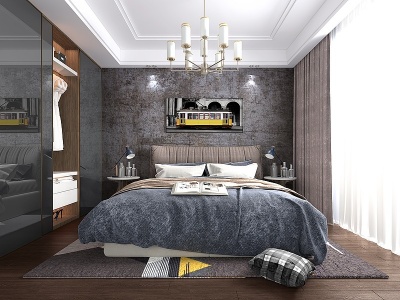 3d工业风卧室床床头柜模型