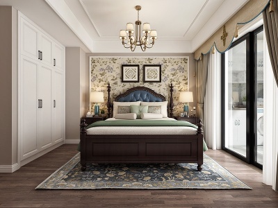 美式卧室吊灯壁纸地毯模型3d模型