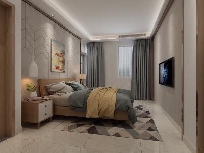 3d现代卧室床画窗帘电视床模型