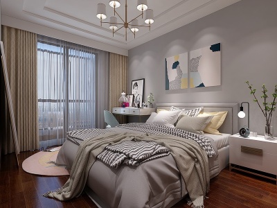 3d现代卧室吊灯装饰画双人床模型
