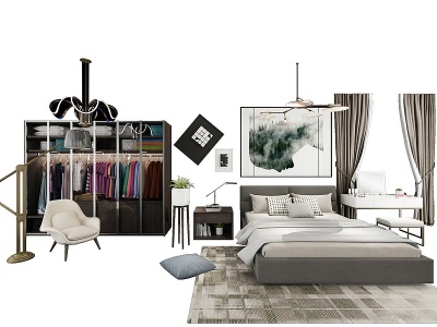 现代卧室单人床卧室组合模型3d模型