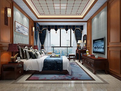 中式卧室双人床床头柜模型3d模型