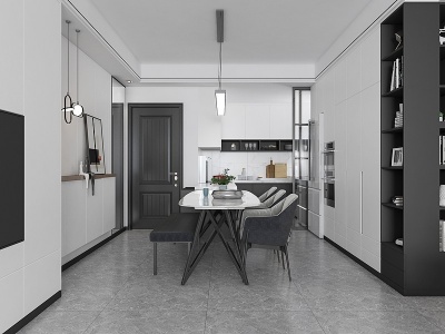 3d现代极简风格客厅餐厅厨房模型