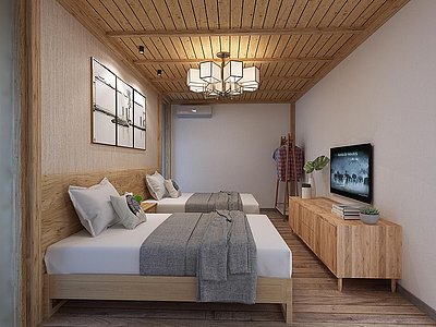 3d新中式卧室民宿卧室民宿模型