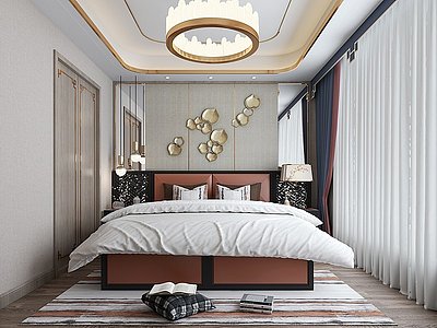3d新中式轻奢卧室双人床模型