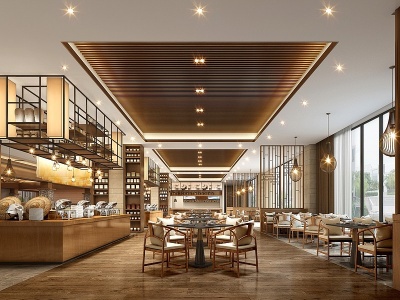 3d新中式酒店全日餐厅模型