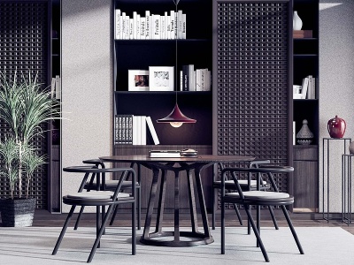 新中式圆形实木餐桌椅模型3d模型