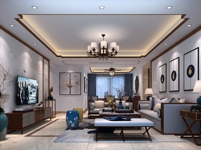 3d新中式客厅吊扇灯模型