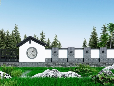 新中式景墙围墙模型