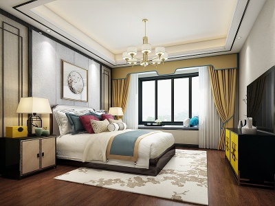 3d新中式卧室主人房双人床模型