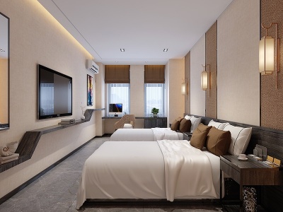 新中式酒店双人间模型3d模型