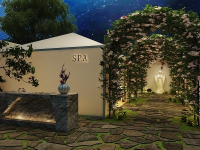3d现代美容院庭院水景模型