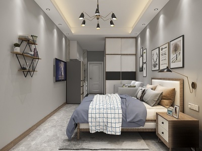3d北欧小公寓卧室床模型