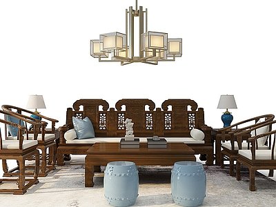 中式实木沙发茶几吊灯鼓凳模型3d模型
