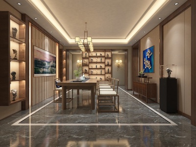 3d新中式茶室客厅模型
