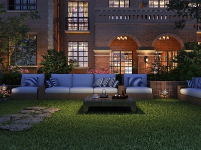 3d庭院院子夜景草地草坪模型