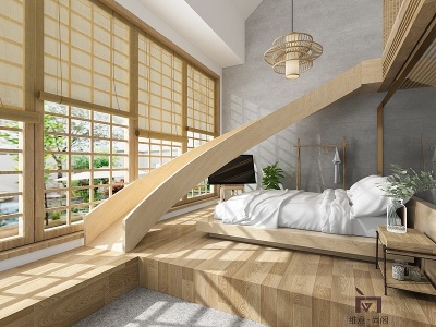 3d日式loft名宿客房滑梯模型