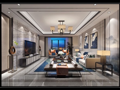 3d新中式客厅背景墙模型