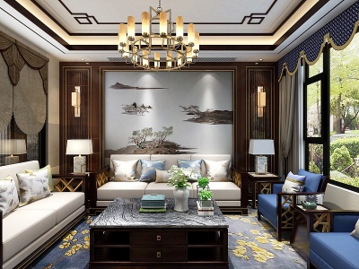 3d新中式客厅沙发背景墙模型