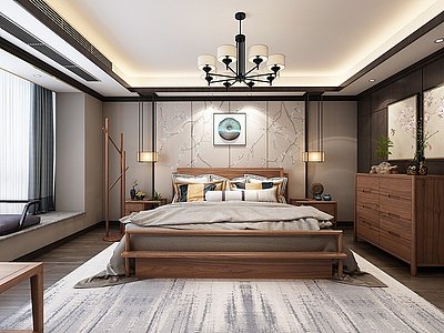 新中式卧室双人床床头柜3d模型