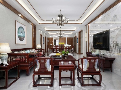 3d新中式客餐厅原木色沙发模型