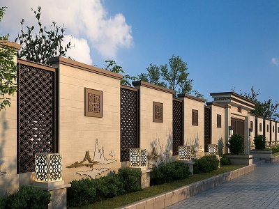 3d新中式别墅建筑围墙院墙模型