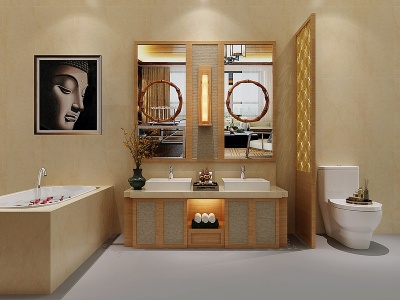 3d东南亚洗手台卫浴镜浴缸模型