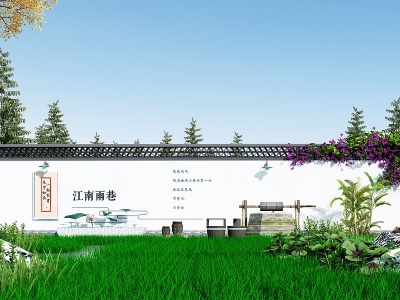 3d新中式景墙围墙模型