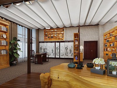3d新中式办公室茶桌模型